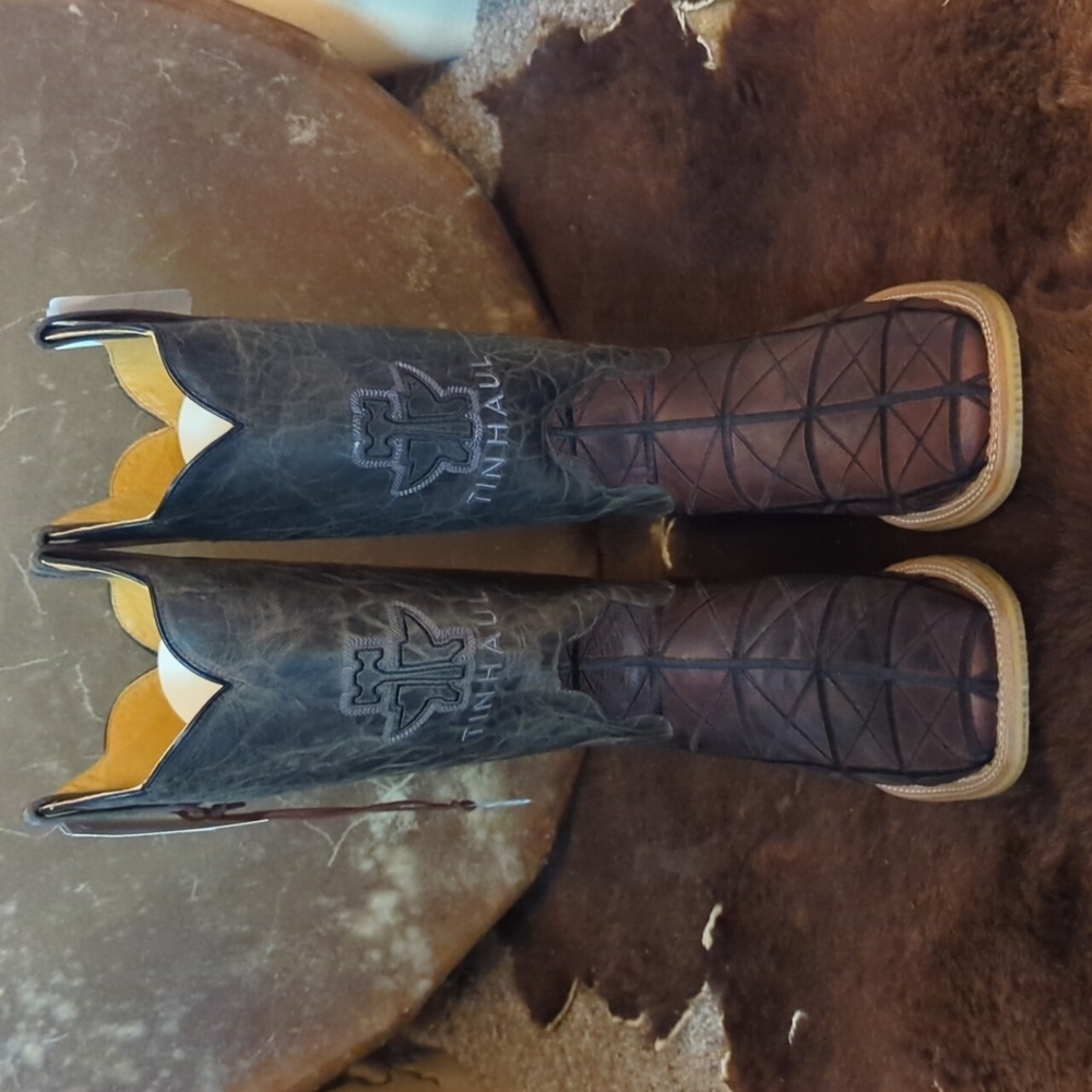 TIN HAUL "Derrick" Brown & black charcoal leather square toe cowboy boots sz 8EE - Picture 9 of 12